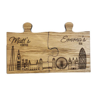 Personalised Wooden London Engraved Coaster Gift Set Of Two For Couples, 2 of 4