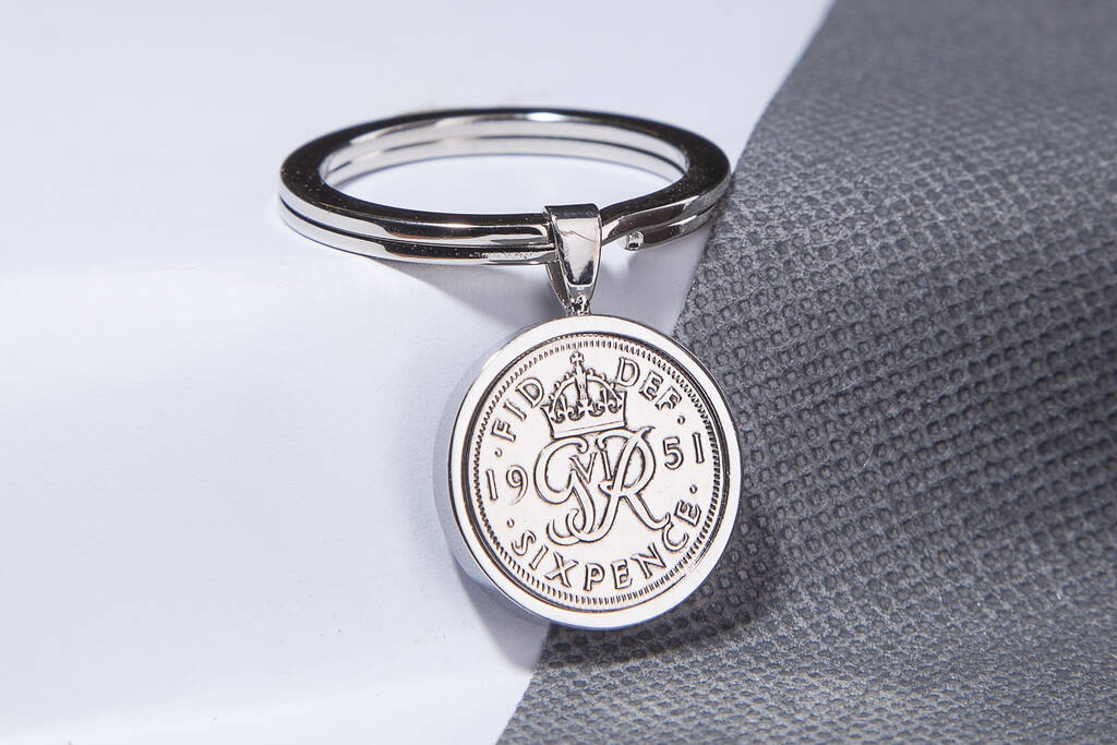1951 75th Birthday Sixpence Coin Keyring Gift, 1 of 6