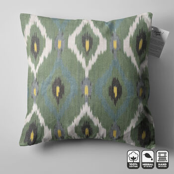 Handwoven 100% Cotton Green Ikat Cushion Cover, 9 of 11