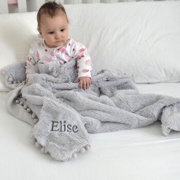 Personalised Grey Fluffy Pom Pom Baby Blanket, 3 of 9
