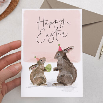 Cute Bunny Rabbits With Party Hats, Happy Easter Card, 2 of 2