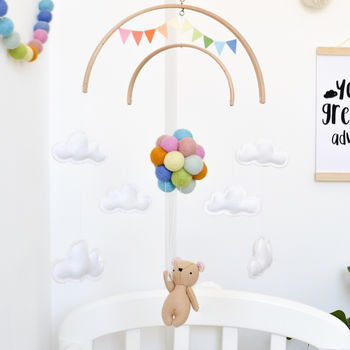 Teddy Bear Flying With Rainbow Balloons Nursery Mobile, 5 of 12