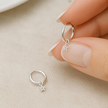 Sterling Silver Star Charm Huggie Sleeper Hoop Earrings – 10mm, 3 of 7