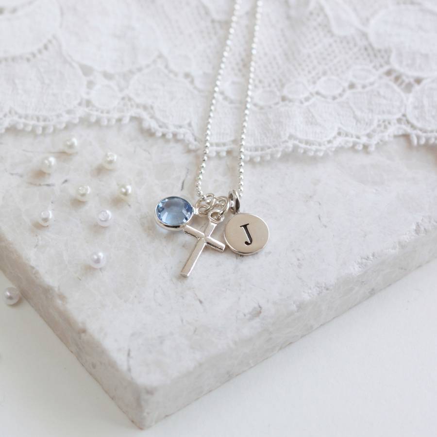 Silver Cross Personalised Birthstone Necklace By Adore Baby