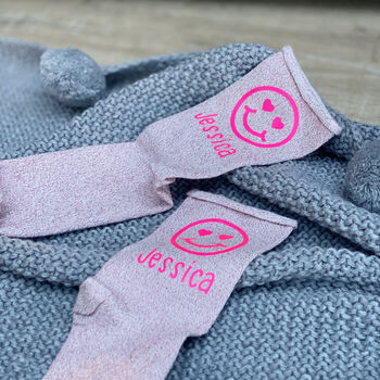 Heart Eyes Neon Smiley Face Personalised Socks, 2 of 4