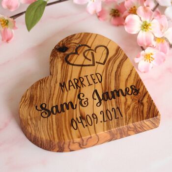 Personalised 'Married' Wedding Gift Olive Wood Heart, 5 of 5