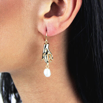 Gold Plated Hand And Pearl Dangle Earrings, 3 of 9