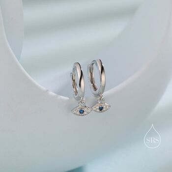 Sterling Silver Tiny Evil Eye Huggie Hoop Earrings, 2 of 10