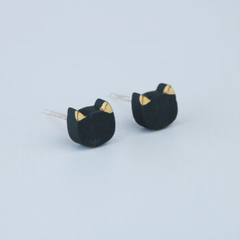 Sterling Silver Black Cat Clay Stud Earrings, 2 of 4