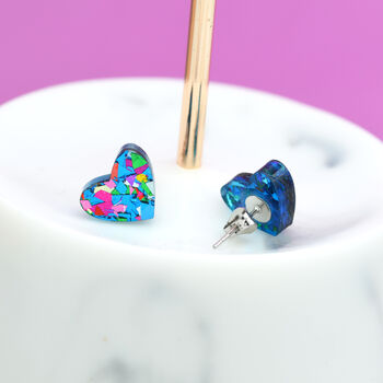 Blue Festival Confetti Love Heart Earrings Studs, 2 of 7