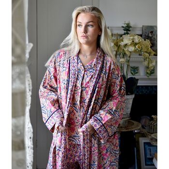 Block Printed Apricot, Navy And Persian Red Floral Cotton Dressing Gown, 4 of 8