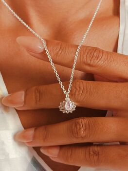 Pink Cubic Zirconia Lotus Sterling Silver Necklace, 5 of 9