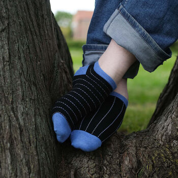 Thin Stripe Blue And Dash Black Men's Trainer Socks, 2 of 8