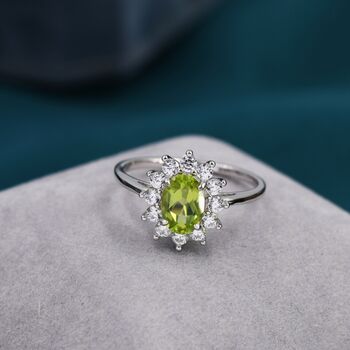 Genuine Peridot And Cz Halo Ring Sterling Silver, 4 of 12