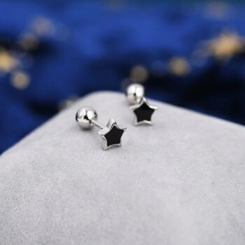 Tiny Black Enamel Star Barbell Earrings Sterling Silver, 3 of 10