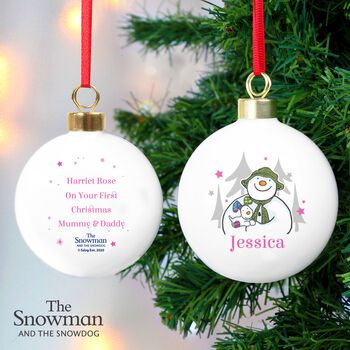 Personalised The Snowman And The Snowdog Pink Bauble, 3 of 5