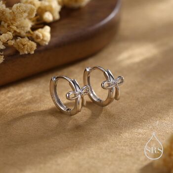Sterling Silver Dainty Ribbon Bow Huggie Hoop Earrings, 3 of 11