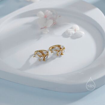 Sterling Silver Cz Leaf Huggie Hoop Earrings, 3 of 11
