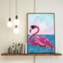 Metallic Gold Pink Flamingo With Beach Sea Scene Print, thumbnail 1 of 3