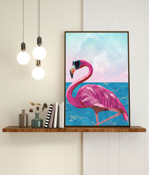 Seaside Summer Pink Flamingo With Beach Sea Scene Print, 2 of 4