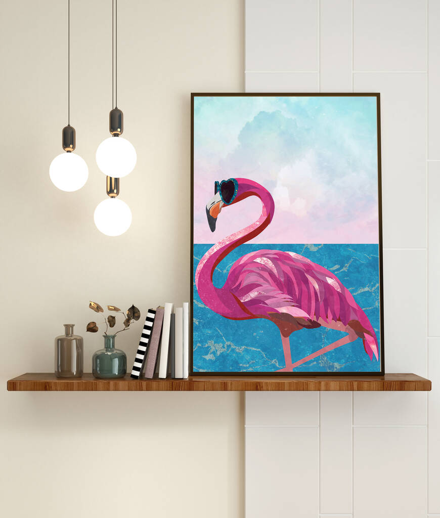 Metallic Gold Pink Flamingo With Beach Sea Scene Print, 1 of 3