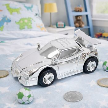 Gifts For Boys Personalised Racing Car Money Box Silver Plated, 5 of 7