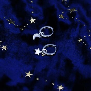 Moon And Star Charm Huggie Hoop Earrings, 3 of 12