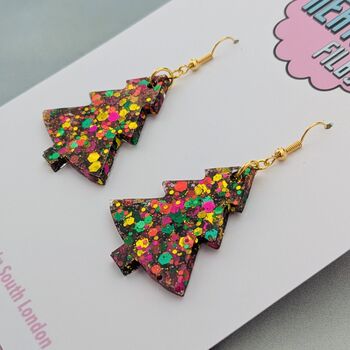 Large Green, Gold And Pink Glitter Christmas Tree Earrings, 4 of 4