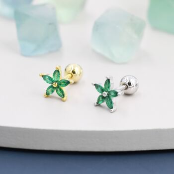 Sterling Silver Emerald Green Cz Flower Barbell Earrings, 4 of 12