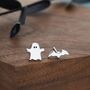 Mismatched Ghost And Bat Stud Earrings In Sterling Silver, thumbnail 1 of 9
