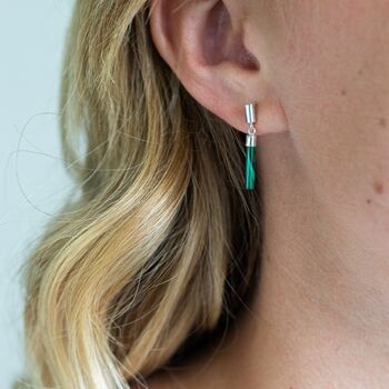 Ethical Minimal Malachite Drop Bar Moving Stud Earrings, 2 of 5