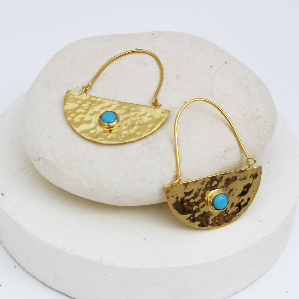 Gold Plated Semi Circle Boho Earrings With Turquoise