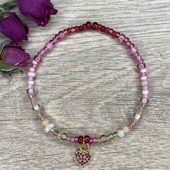Ombre Red Bracelet With Pearls And Heart Charm, 2 of 8