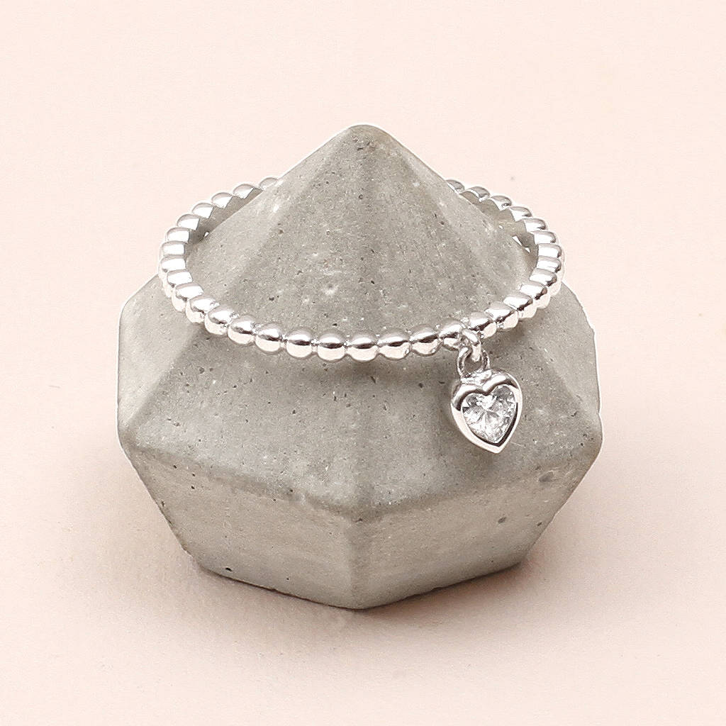 Sterling Silver Crystal Heart Charm Ring By Hurleyburley