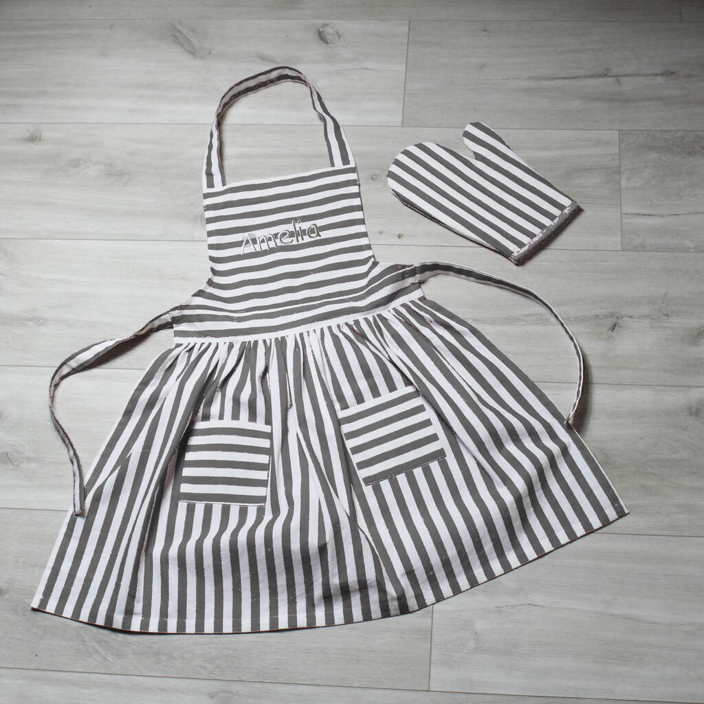 Personalised Childs Charcoal Stripe Apron And Glove Set By Lime Tree ...