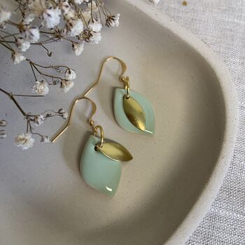 Ceramic Mint Leaf Dangle Earrings Gold Plated, 4 of 6