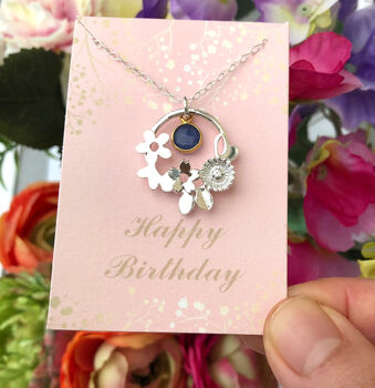 Sterling Silver Birthstone And Flower Necklace, 7 of 11