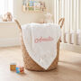 Personalised White Knitted Baby Blanket With Bow, thumbnail 1 of 11