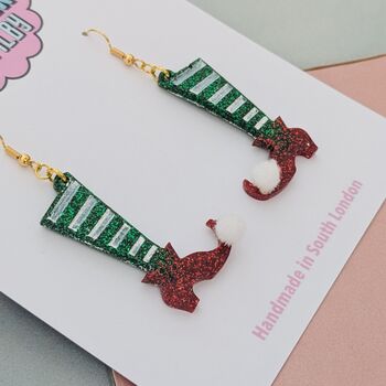 Red And Green Elf Legs Christmas Glitter Resin Earrings, 3 of 4