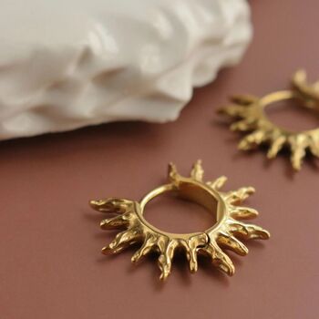 18k Gold Plated Hammered Sun Hoop Earrings, 5 of 7