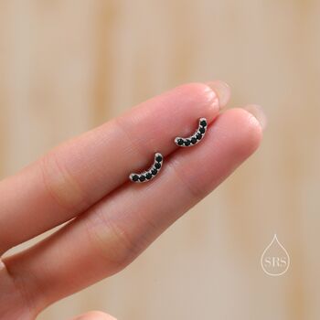 Sterling Silver Black Cz Curved Bar Tiny Stud Earrings, 5 of 12