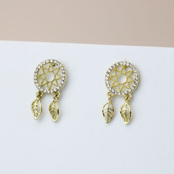 Sparkly Gold Dreamcatcher Dangle Stud Earrings, 2 of 3