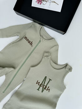 Bundle Personalised Baby Gifts Dungarees And Zip Romper Gift Set, 3 of 8