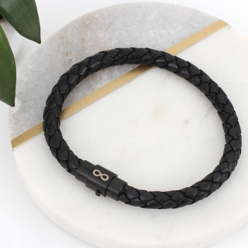 Men's Ruthenium Clasp Leather Infinity Bracelet, 1 of 3