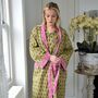 Block Printed Green And Pink Floral Cotton Dressing Gown, thumbnail 2 of 5