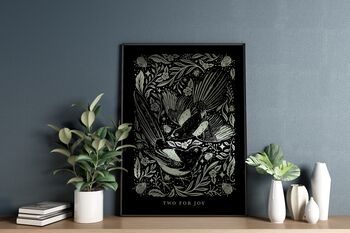 Magpie Two For Joy Floral Gold / Silver Art Print, 3 of 5