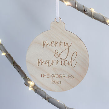 Personalised Wooden Merry And Married Christmas Bauble, 4 of 4