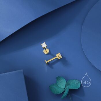 Sterling Silver Four Prong Cz Internally Threaded Flat Back Earrings, 6 of 11