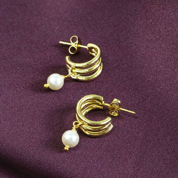 Gold Plated Triple Hoop Pearl Earrings, 2 of 5