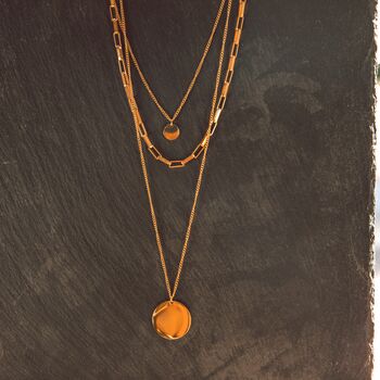 Disc Pendant Layered Gold Necklace With Three Chains, 8 of 9